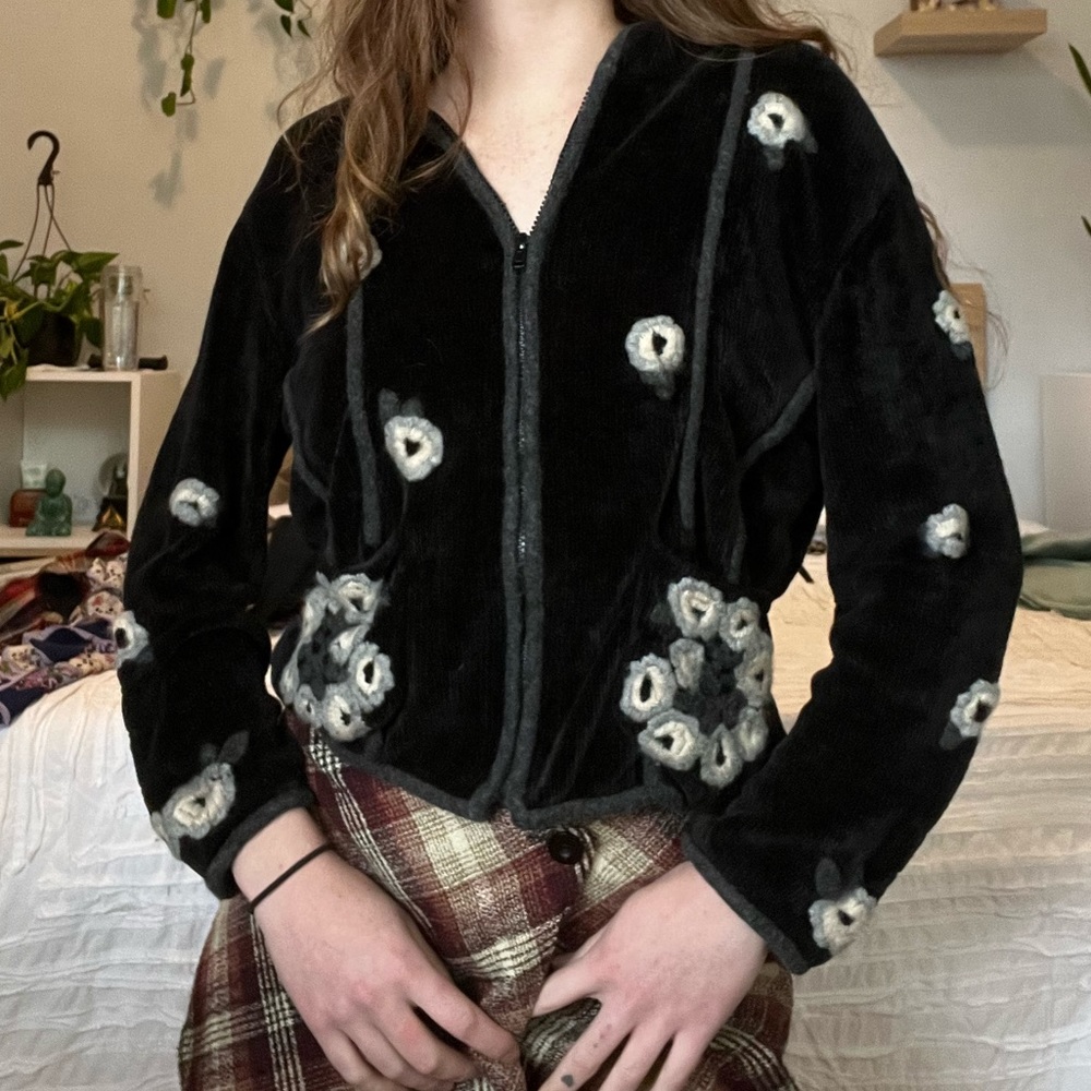 black, velour sweater